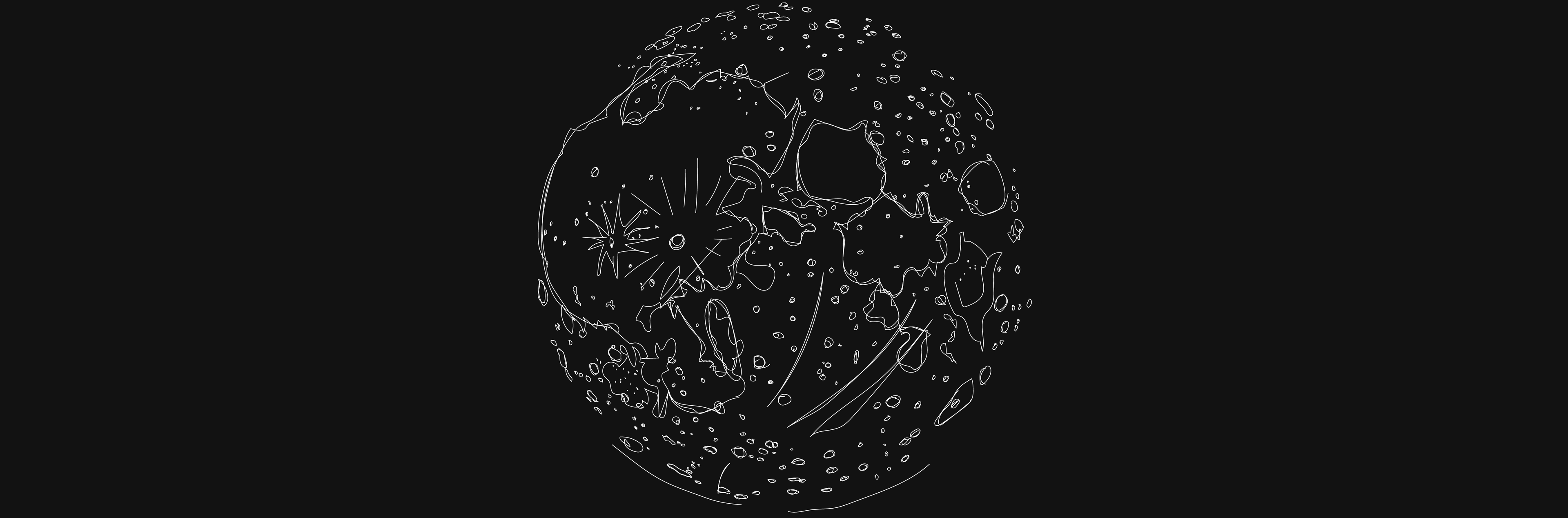 Black and white illustration of a celestial scene with stars and planets on a black background